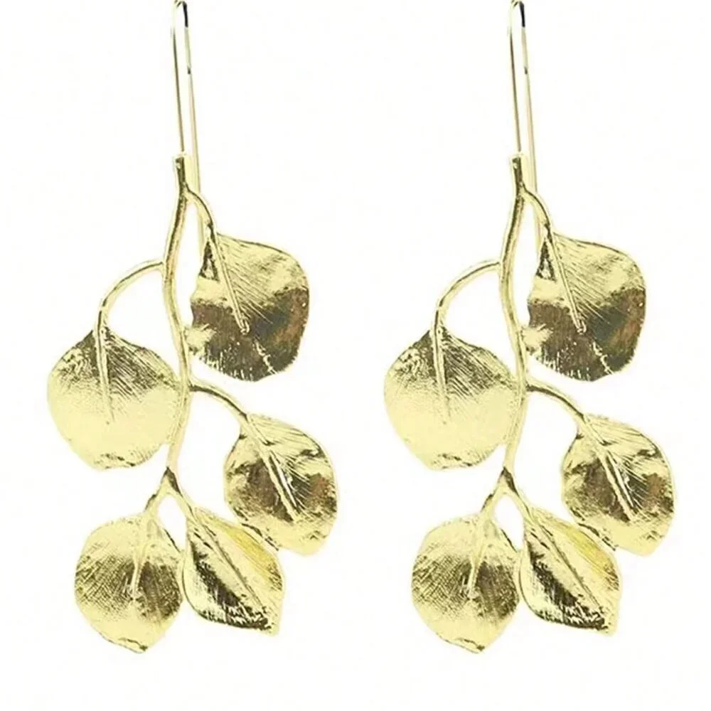 Gold Women's Long Exaggerated Retro Metallic Leaf Hook Earrings